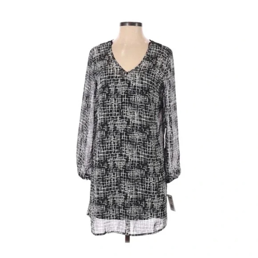 FIFTH & PARK WOMENS BLACK & WHITE CHIFFON LONG SLEEVE DRESS LACE BACK SZ M